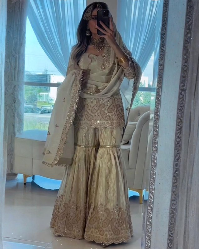 Exclusive Light Gold Heavy Chinon Silk Embroidery Gharara Suit With Dupatta