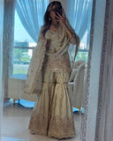 Exclusive Light Gold Heavy Chinon Silk Embroidery Gharara Suit With Dupatta