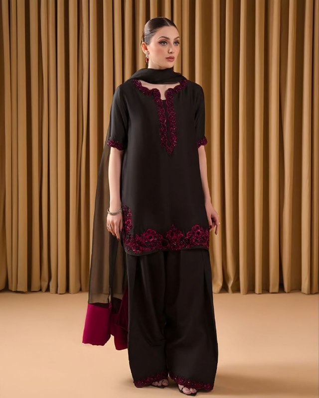 Exclusive Black Pure Natural Crep Embroidery Farshi Salwar Suit With Dupatta