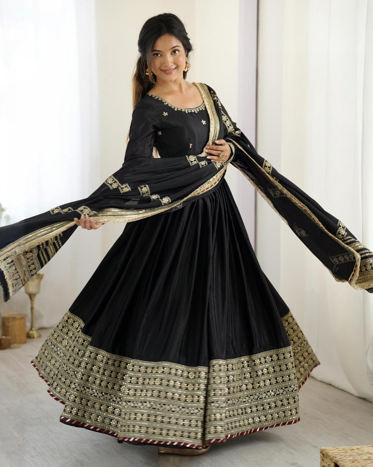 Premium Black Grey Chinon Silk Embroidery Anarkali Suit With Dupatta