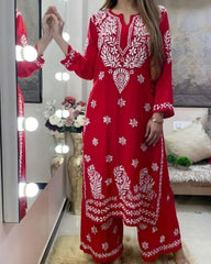 ReadyTo Wear Red Rayon Cotton Embroidery Work Chikan Kari Suit