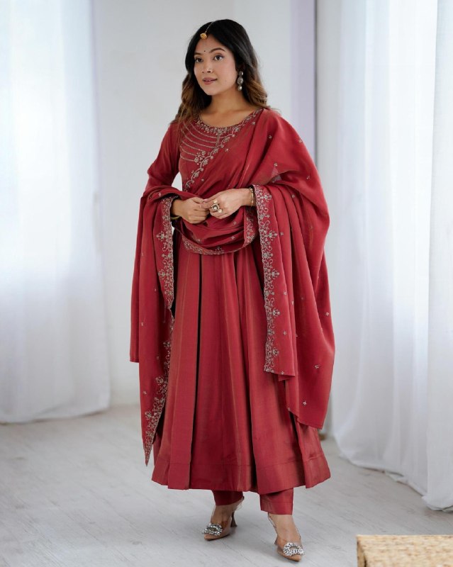 Premium Maroon Pure Roman Shimmer Chanderi Silk Anarkali Suit With Dupatta