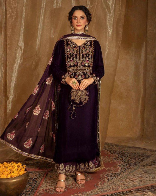 Exclusive Deep Wine Premium Velvet Embroidery Palazo Kurti With Dupatta