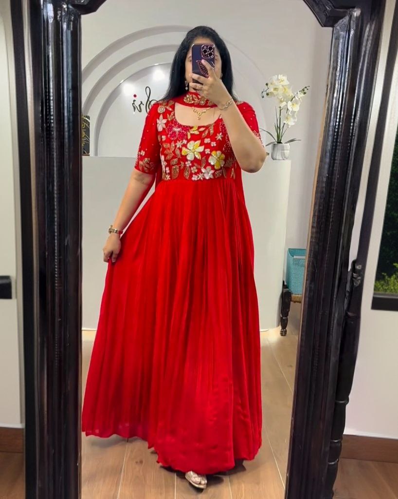 Ready To Wear Red Pure Georgette Embroidery Work Anarkali Gown With Dupatta