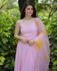 Ready To Wear Baby Pink Faux Georgette Thread Work Anarkali Suit With Dupatta