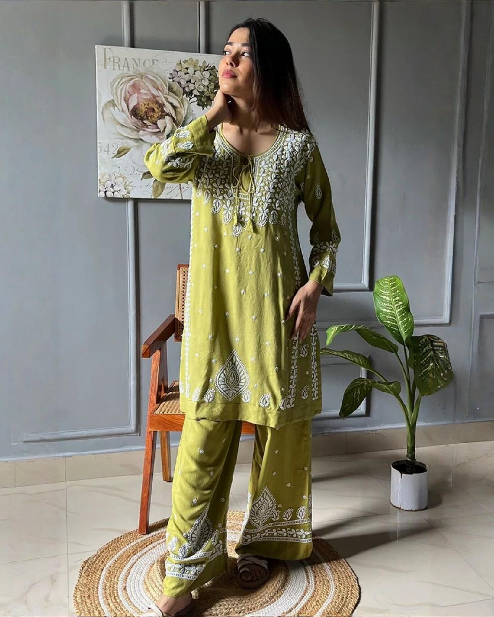 Exclusive Yellow Green Rayon Cotton chikankari Palazo Kurti Set
