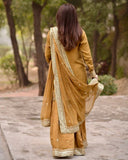 Ready To Wear Mustard Mul Chanderi Embroidery Palazo Kurti With Dupatta