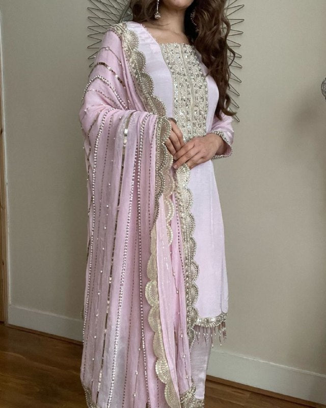 Ready To Wear Baby Pink Pure Georgette Embroidery Work Pakistani Suit With Dupatta