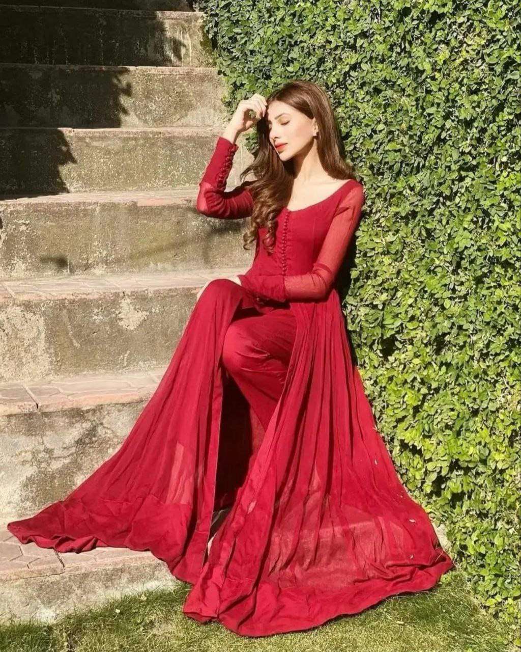 Ready To Wear Hot Red Georgette Silk Embroidery Work Anarkali Suit With Dupatta