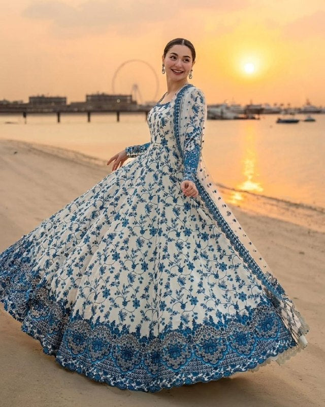 Premium White Soft Georgette Embroidery Gown Set With Dupatta