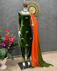 Designer Mehendi Velvet Sequence Work Pant Suit With Double Shade Dupatta