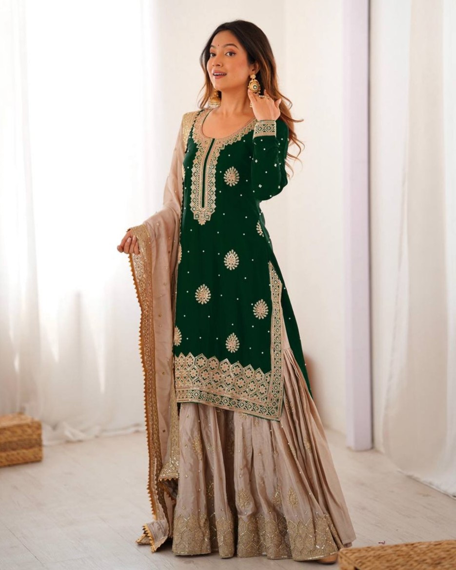 Premium Handcrafted Soft Chinon Silk Coding Embroidery Thread Sharara Suit With Dupatta