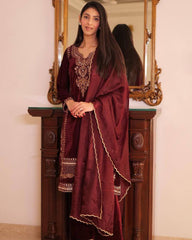 Ready To Wear Dark Brown Micro Velvet Embroidery Work Pant Suit With Dupatta