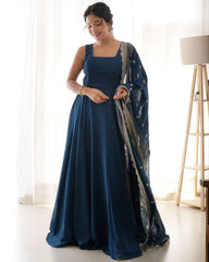 Ready To Wear Royel Blue Faux Georgette Jari Work Anarkali Gown With Dupatta