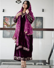 Ready To Wear wine Pure Velvet Embroidery Work Plazzo Suit With Dupatta