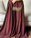 Exclusive Maroon Natural Crep Silk Embroidery Palazo Kurti With Dupatta