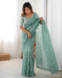 Premium Pink And Sky Premium Gold Crush Embroidery Saree With Blouse