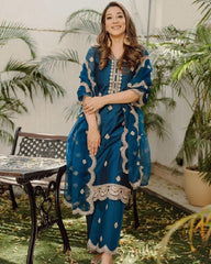 Designer Morpinch Chinon Silk Embroidery Work Plazzo Suit With Dupatta