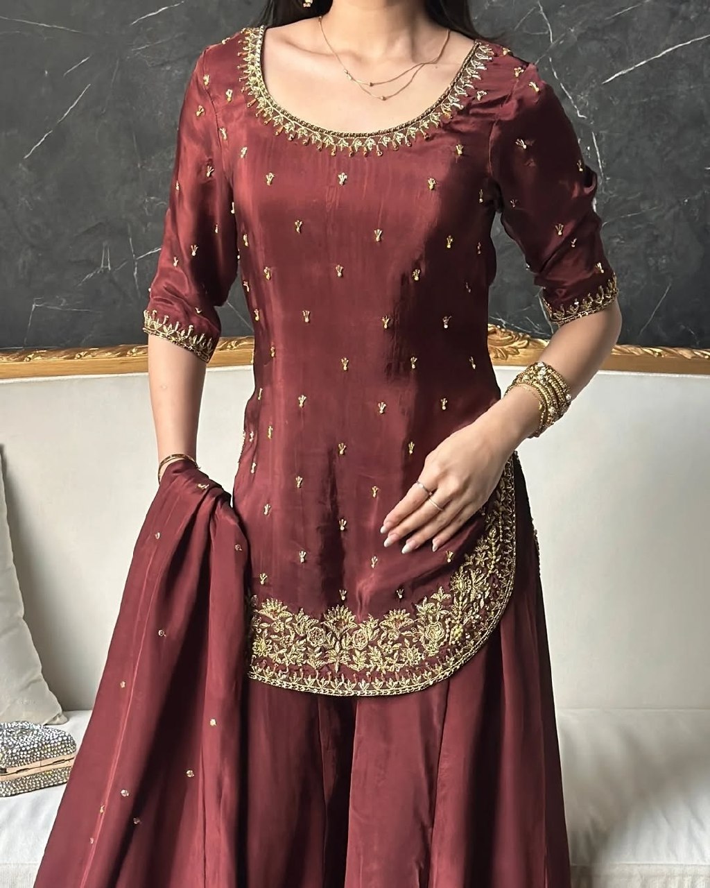 Exclusive Maroon Natural Crep Silk Embroidery Palazo Kurti With Dupatta