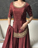 Exclusive Maroon Natural Crep Silk Embroidery Palazo Kurti With Dupatta