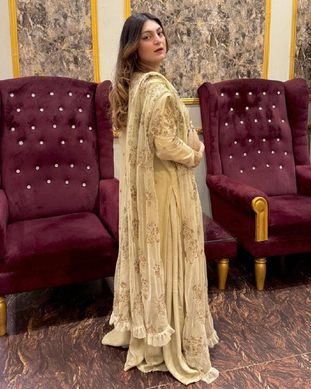 Exclusive Beige Gold Soft Georgette Zari Embroidery Palazo Kurti With Dupatta