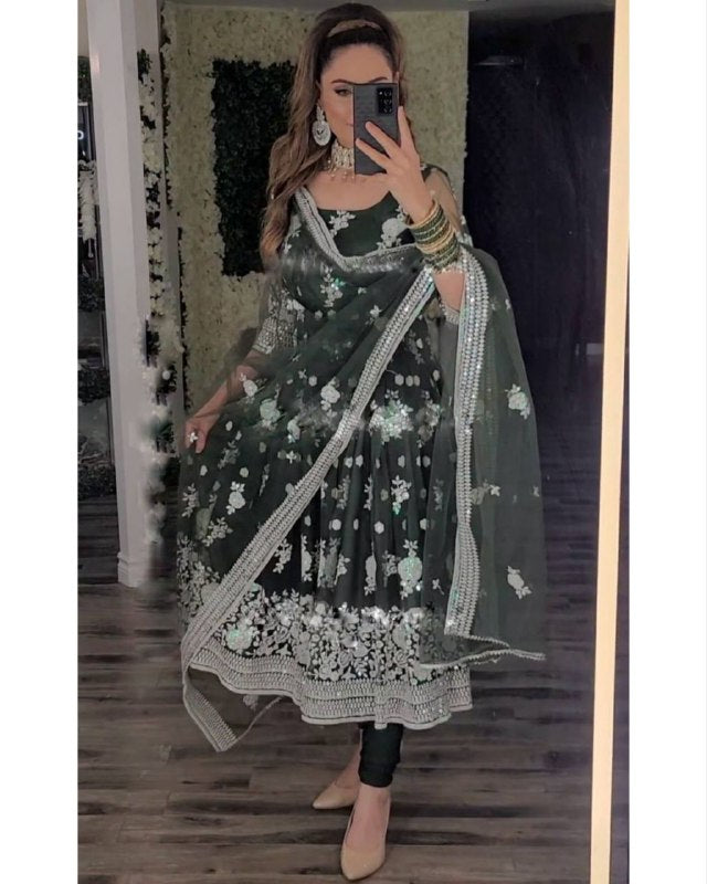 Ready To Wear Mehendi Green Faux Georgette Embroidery Work Anarkali Suit With Dupatta