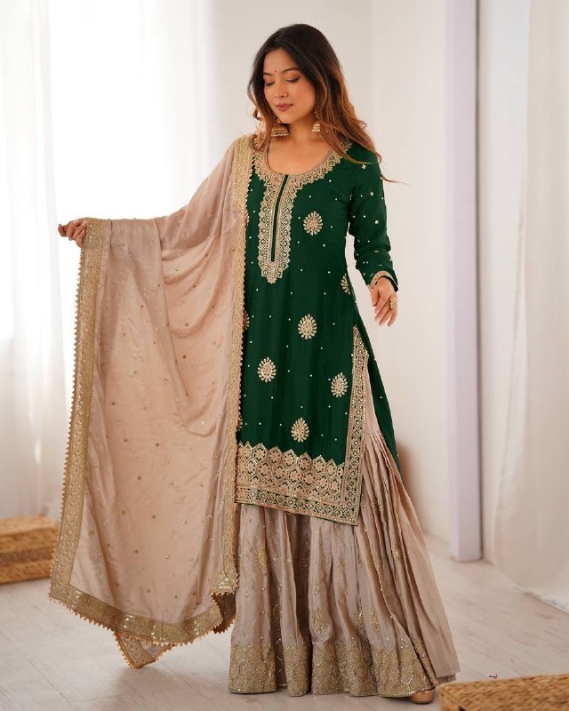 Premium Handcrafted Soft Chinon Silk Coding Embroidery Thread Sharara Suit With Dupatta
