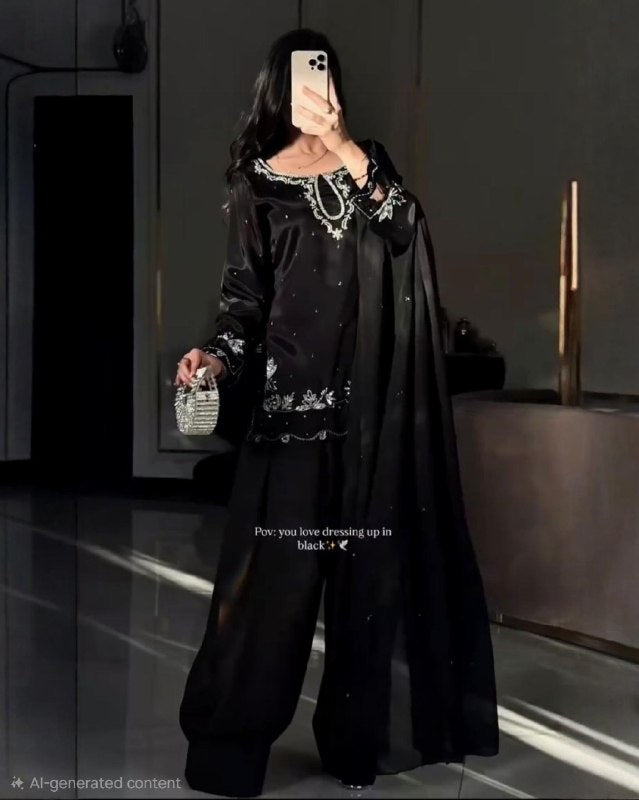 Ready To Wear Black Pure Natural Satin Embroidery Farshi Salwar Kurti With Dupatta