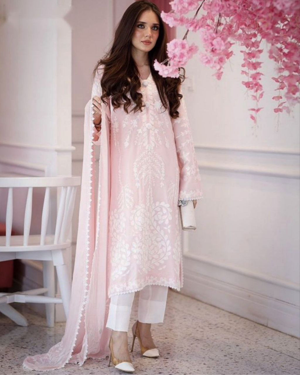 Ready To Wear Baby Pink Faux Georgette Embroidery Work Pakistani Suit With Dupatta