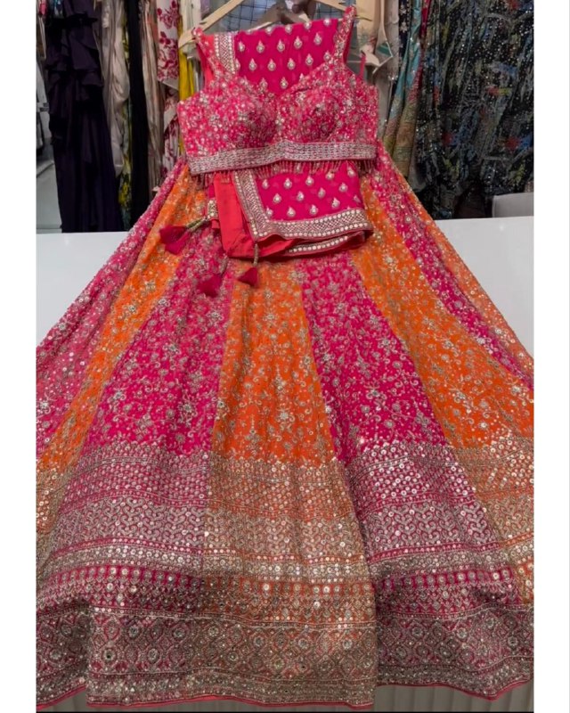 Designer Pink-Orange Faux Georgette Sequence Work Lehenga Choli With Dupatta