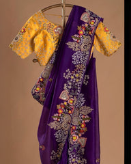 Designer Rangoli Silk Embroidery Work purple Saree With yellow Blouse