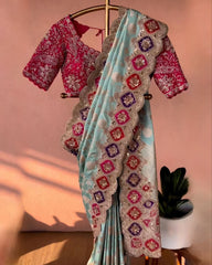 Designer Chanderi Silk Embroidery Work Sea Green Saree With Pink Blouse