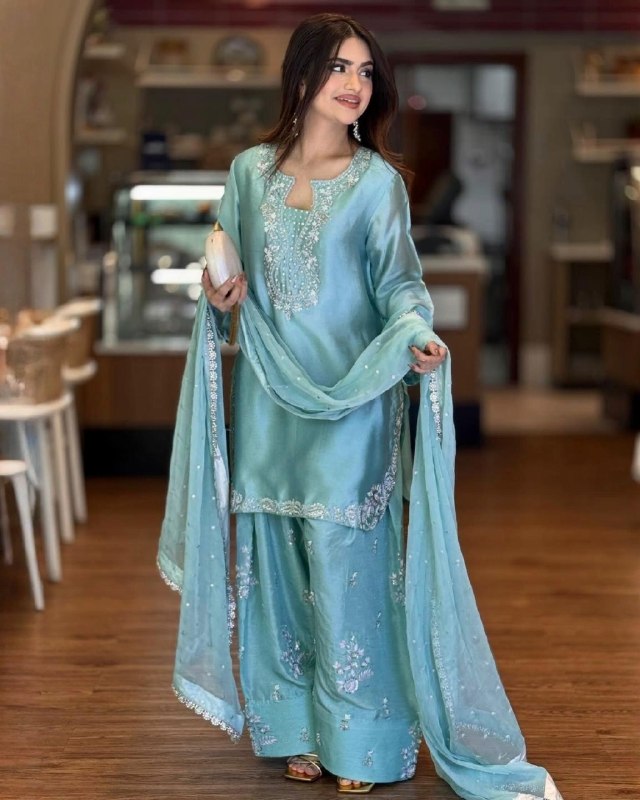 Ready To Wear Sky Blue Roman Glass Silk Farshi Salwar Kurti With Dupatta