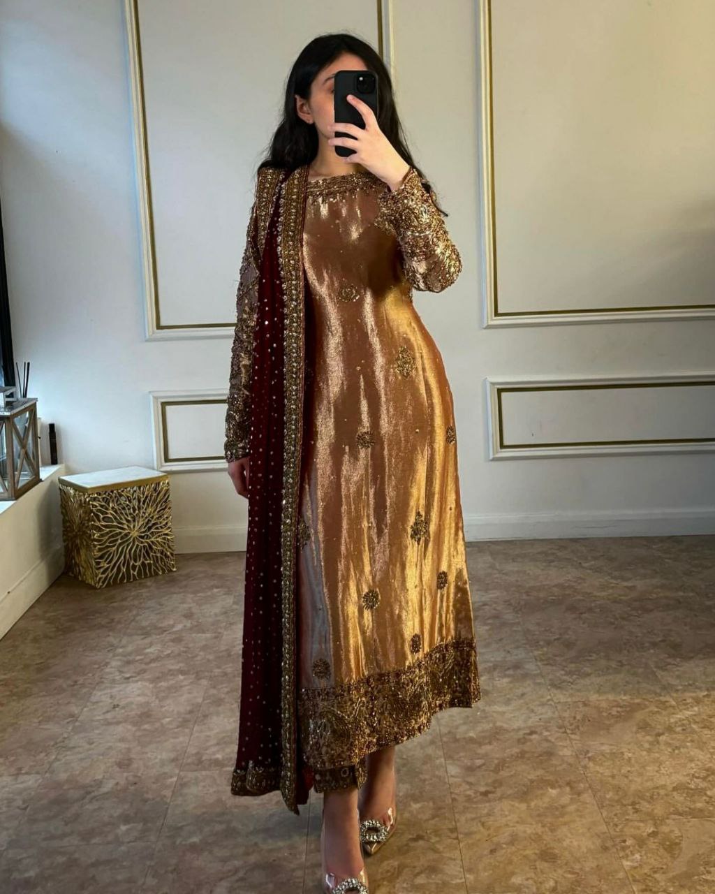 Ready To Wear Copper Jimmy Choo Silk Embroidery Work Pakistani Suit With Maroon Dupatta