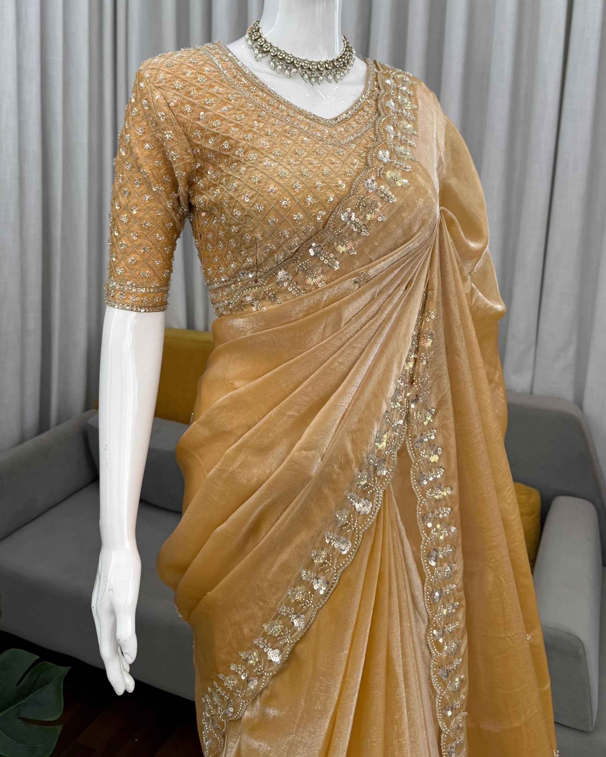 Exclusive Beige Golden Simmer Silk Embroidery Saree With Blouse
