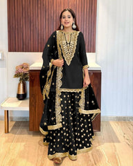 Ready To Wear Black Pure Georgette Embroidery Work Sharara Suit With Dupatta