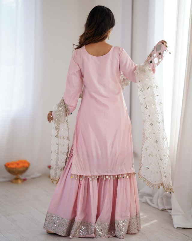 Ready To Wear Pink Premium French Silk Embroidery Sharara Kurti With Dupatta