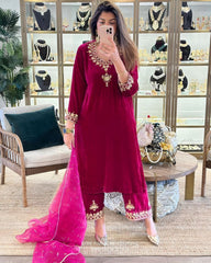 Ready To Wear Rose Pink Micro Velvet Embroidery Work Pant Suit With Dupatta