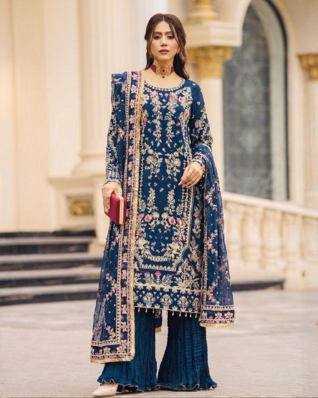 Exclusive Red And Blue Soft Georgette Embroidery Palazo Kurti With Dupatta