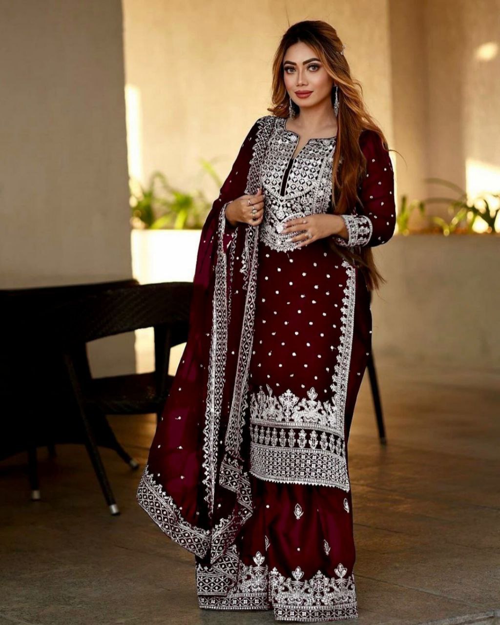 Ready To Wear Maroon Organza Silk Embroidery Work Pakistani Suit With Dupatta