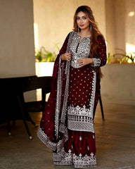 Ready To Wear Maroon Organza Silk Embroidery Work Pakistani Suit With Dupatta