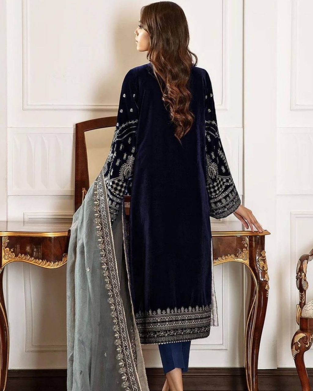 Ready To Wear Neavy Blue Micro Velvet Embroidered Work Pakistani Suit With Dupatta