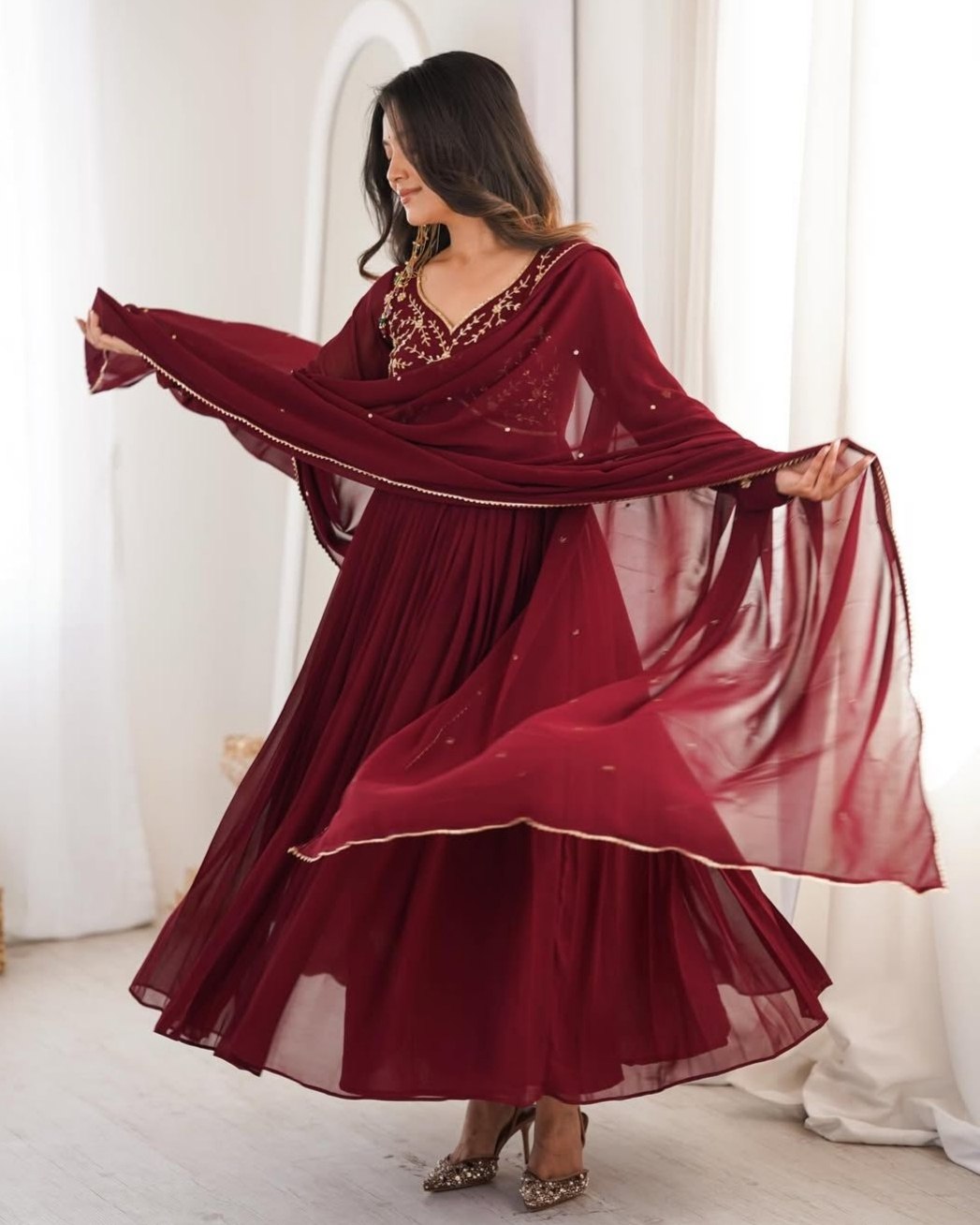 Ready To Wear Maroon Soft Georgette Embroidery Anarkali Pant With Dupatta