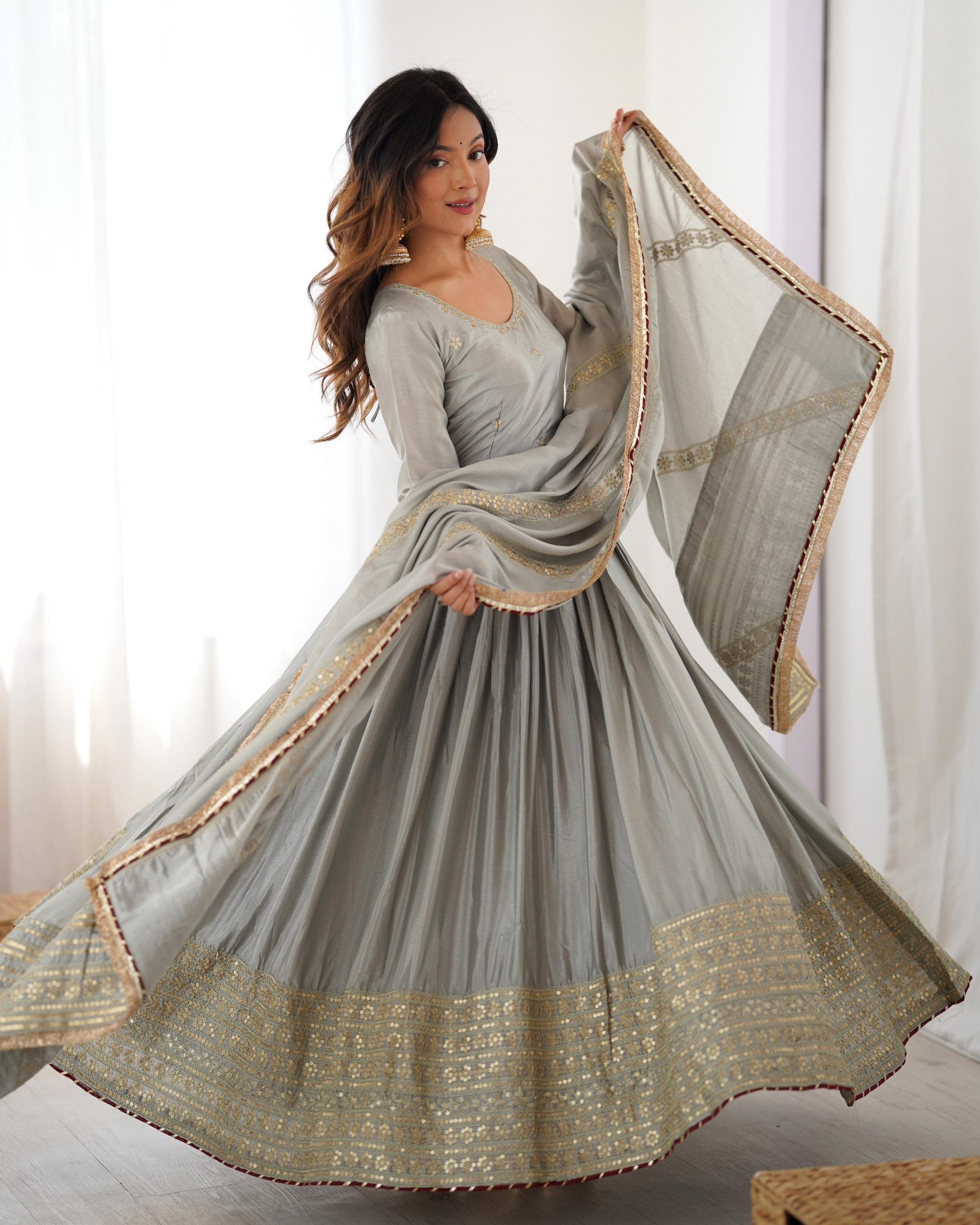 Premium Black Grey Chinon Silk Embroidery Anarkali Suit With Dupatta