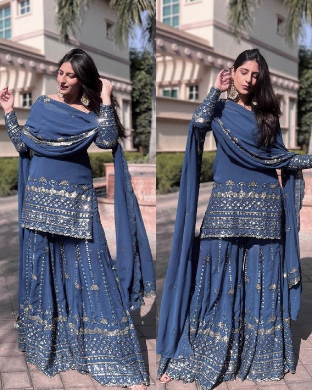 Ready To Wear Blue Faux Georgette Embroidery Work Sharara Suit With Dupatta