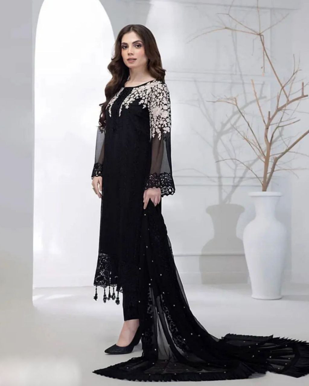 Ready To Wear Black Pure Georgette Embroidery Work Pakistani Pant Suit With Dupatta