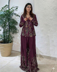 Exclusive Green Purple Maroon Rani Chinon Silk Embroidery Plazo Koti With Blouse