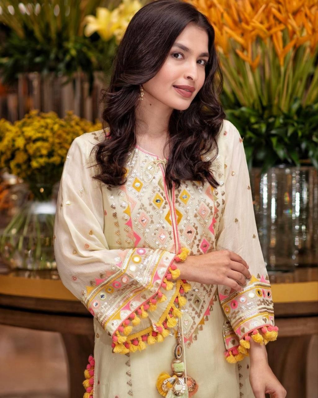 Ready To Wear Cream Faux Georgette Embroidery Work Pakistani Suit With Dupatta