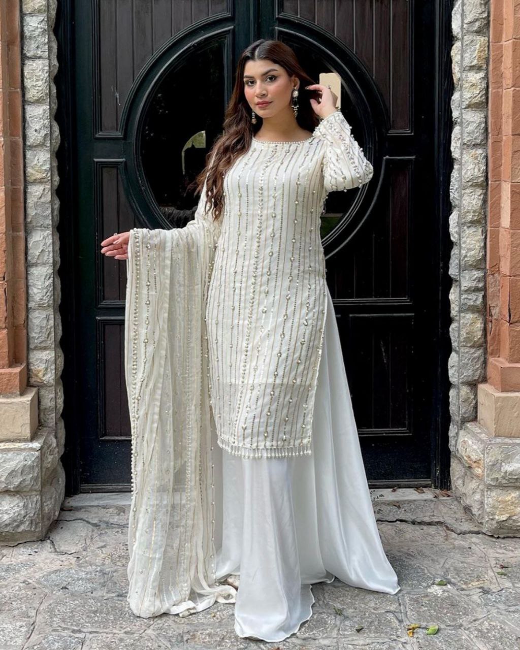 Ready To Wear White Heavy Faux Georgette Embroidery Work Plazzo Suit With Dupatta