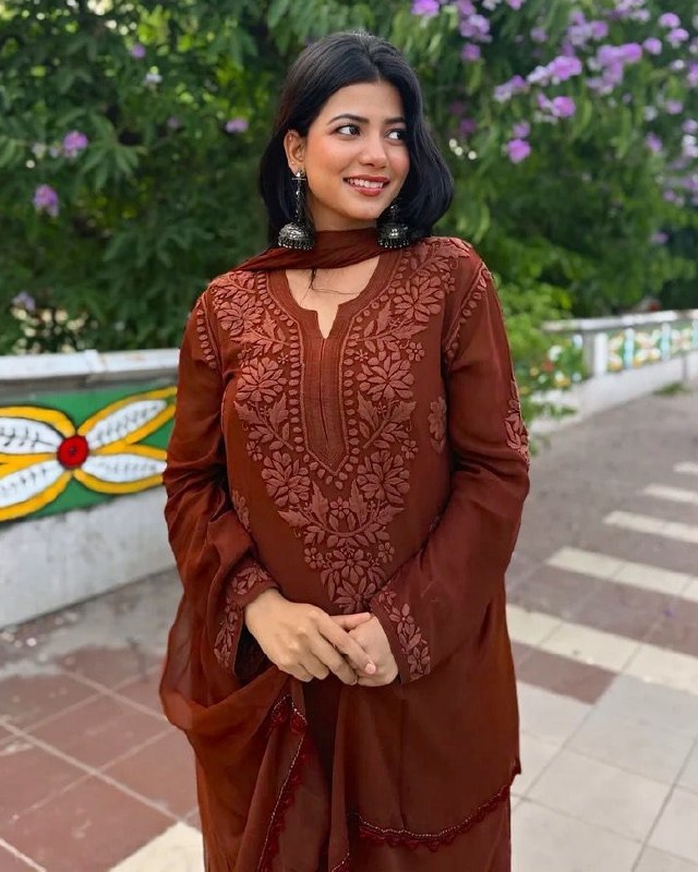 Ready To Wear Pink Brown Green Red Soft Georgette Chikankari Kurti Palazo With Dupatta